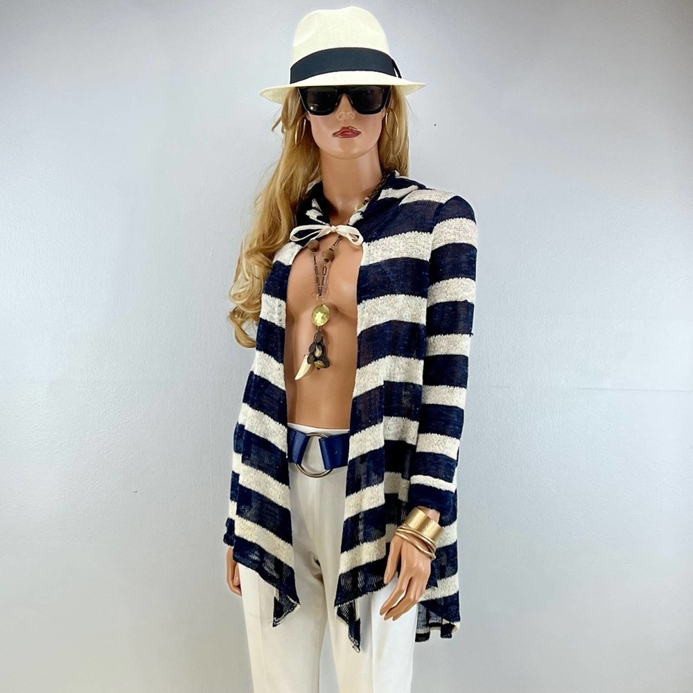 Woman,  Navy Blue White Striped Open Knit Front Hooded Long Sleeves Asymmetrical